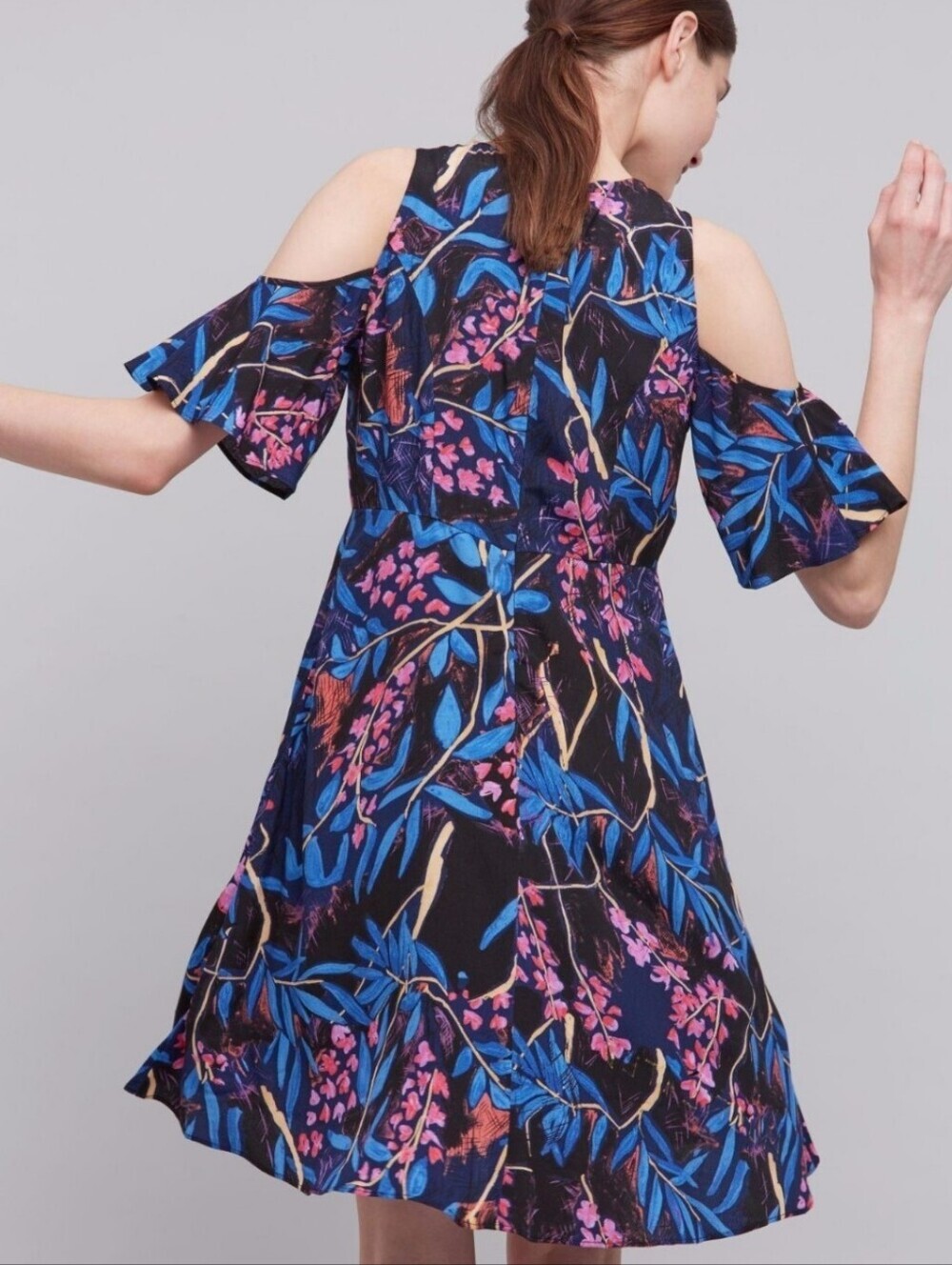Anthropologie Maeve Black Floral Cold-Shoulder Mini Dress Sz 0
